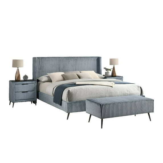 Roundhill Furniture Mavela Wide Wale Corduroy Upholstery Panel King Bed with 2 Nightstands and Bench