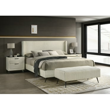 Roundhill Furniture Mavela Wide Wale Corduroy Upholstery Panel King Bed with 2 Nightstands and Bench, Cream