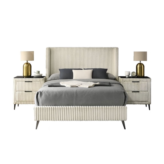 Roundhill Furniture Mavela Wide Wale Corduroy Upholstery Panel Queen Bed with 2 Nightstands, Cream