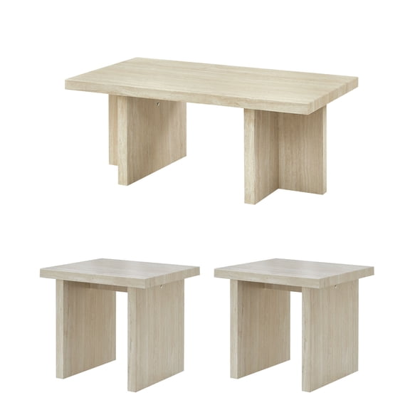 Roundhill Furniture Mchome 3-Piece Coffee Table Set, Coffee Table and Two End Tables, Beige Faux Marble