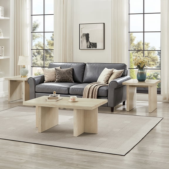 Roundhill Furniture Mchome 3-Piece Coffee Table Set, Coffee Table and Two End Tables, Beige Faux Marble
