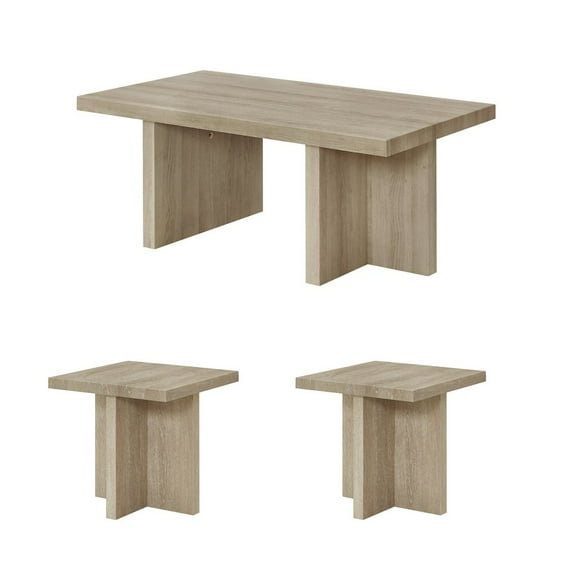 Roundhill Furniture Mchome 3-Piece Coffee Table Set, Coffee Table and Two End Tables, Oak Finish