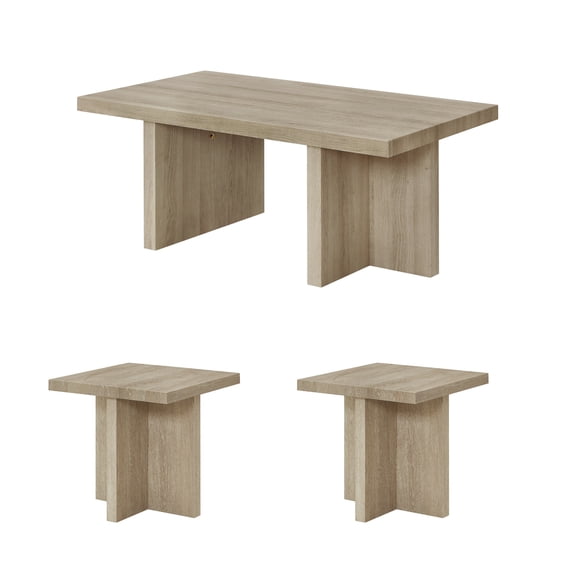 Roundhill Furniture Mchome 3-Piece Coffee Table Set, Coffee Table and Two End Tables, Oak Finish
