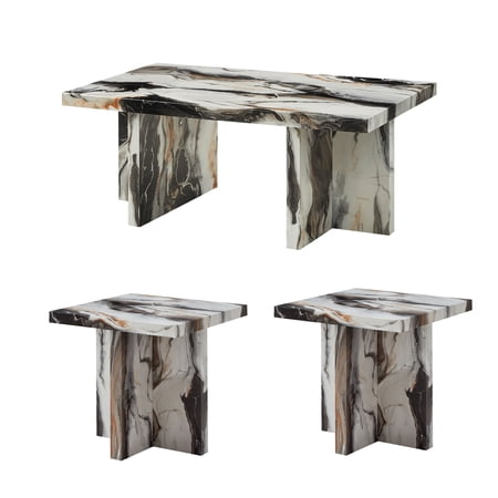 Roundhill Furniture Mchome 3-Piece Coffee Table Set, Coffee Table and Two End Tables, Off-White Faux Marble