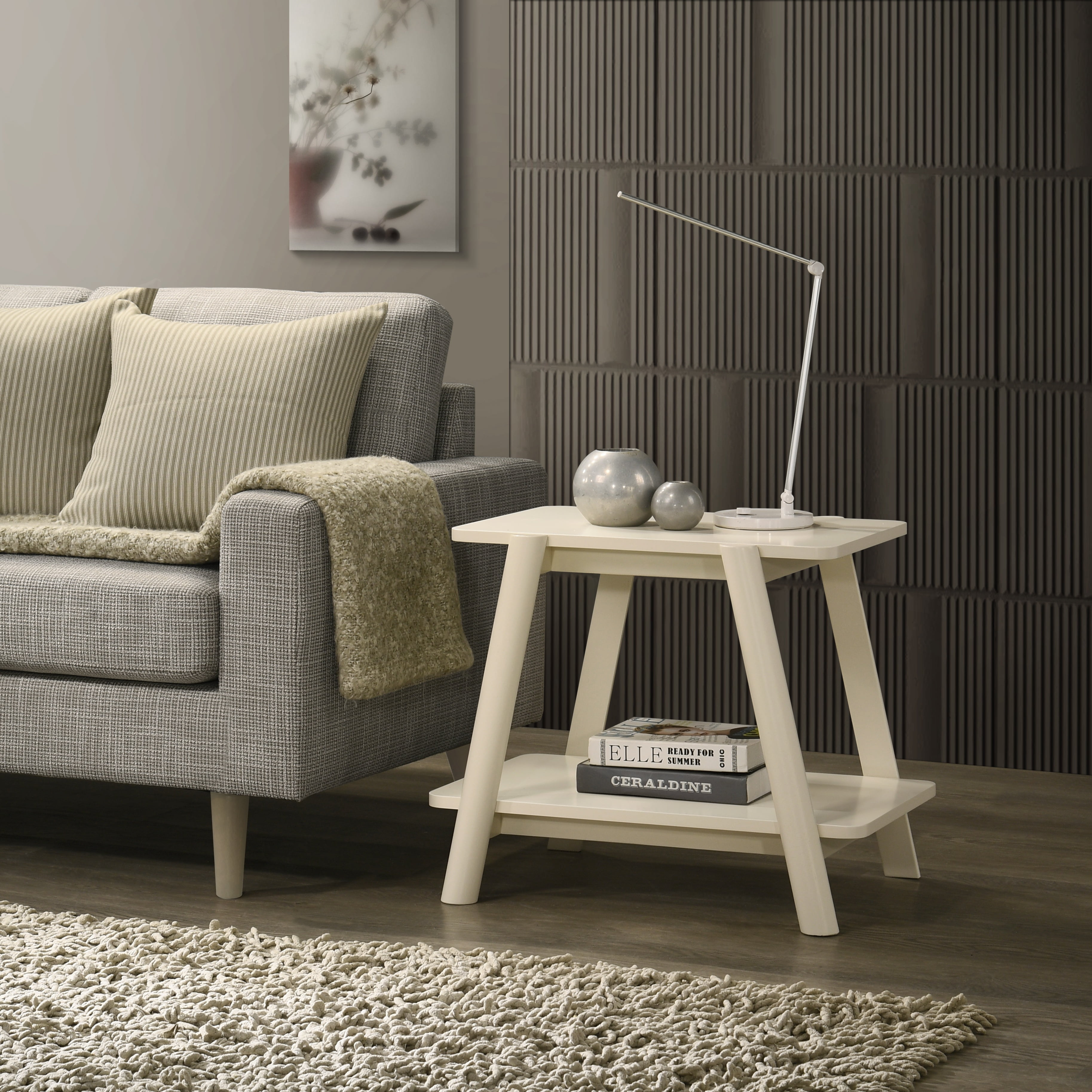 Roundhill Furniture Metz Mid-Century Modern Wood Shelf End Table, Off-White Finish