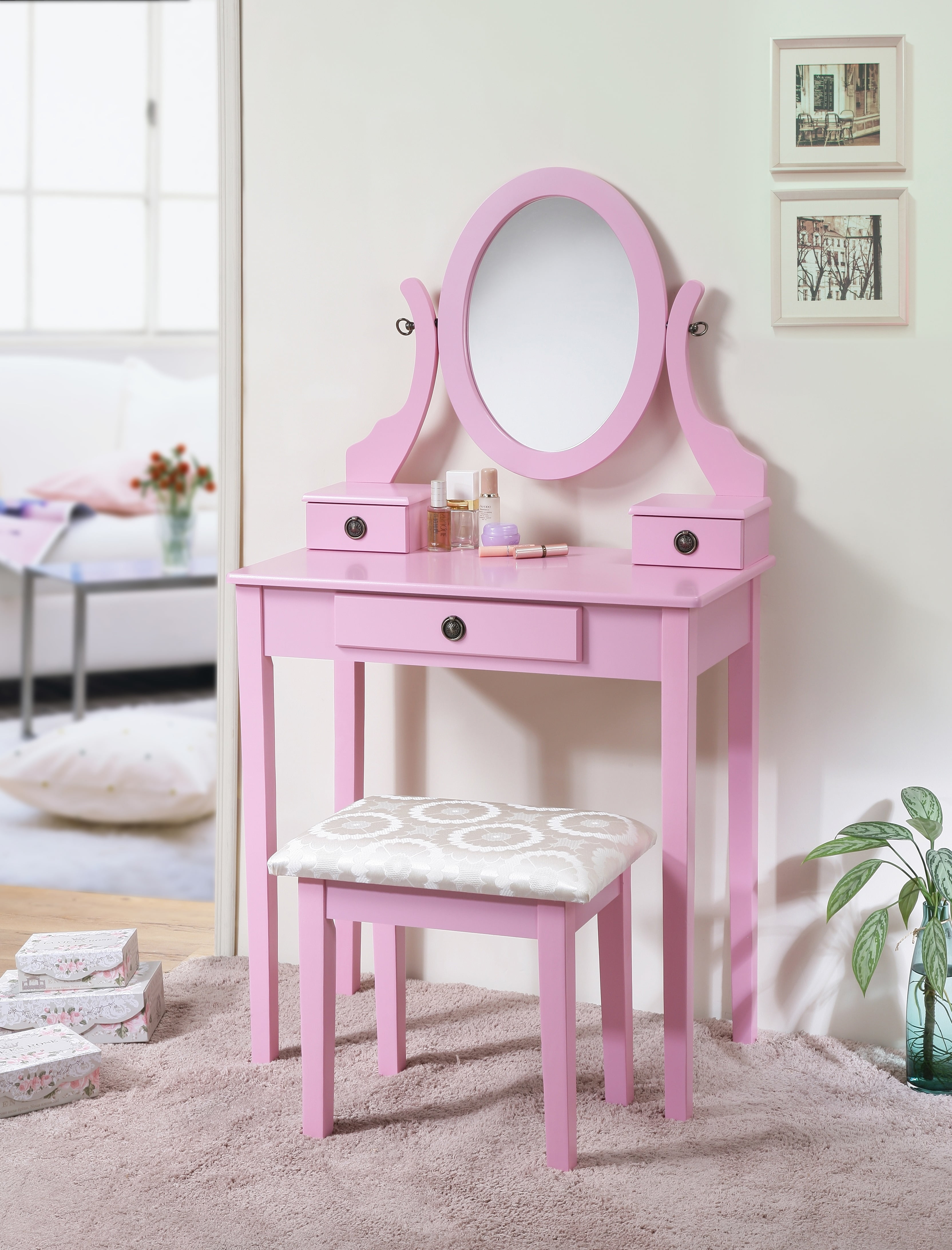 Roundhill furniture roundhill moniya wood vanity table and stool set discount