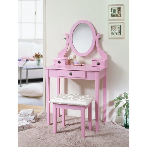 Roundhill Furniture Moniya Wood Vanity Table and Stool Set, Pink