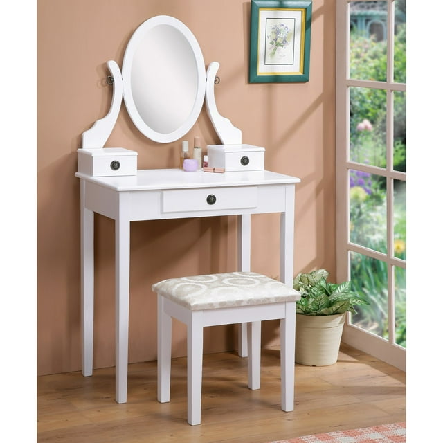 Roundhill Furniture Moniya Wood Vanity Table and Stool Set, White