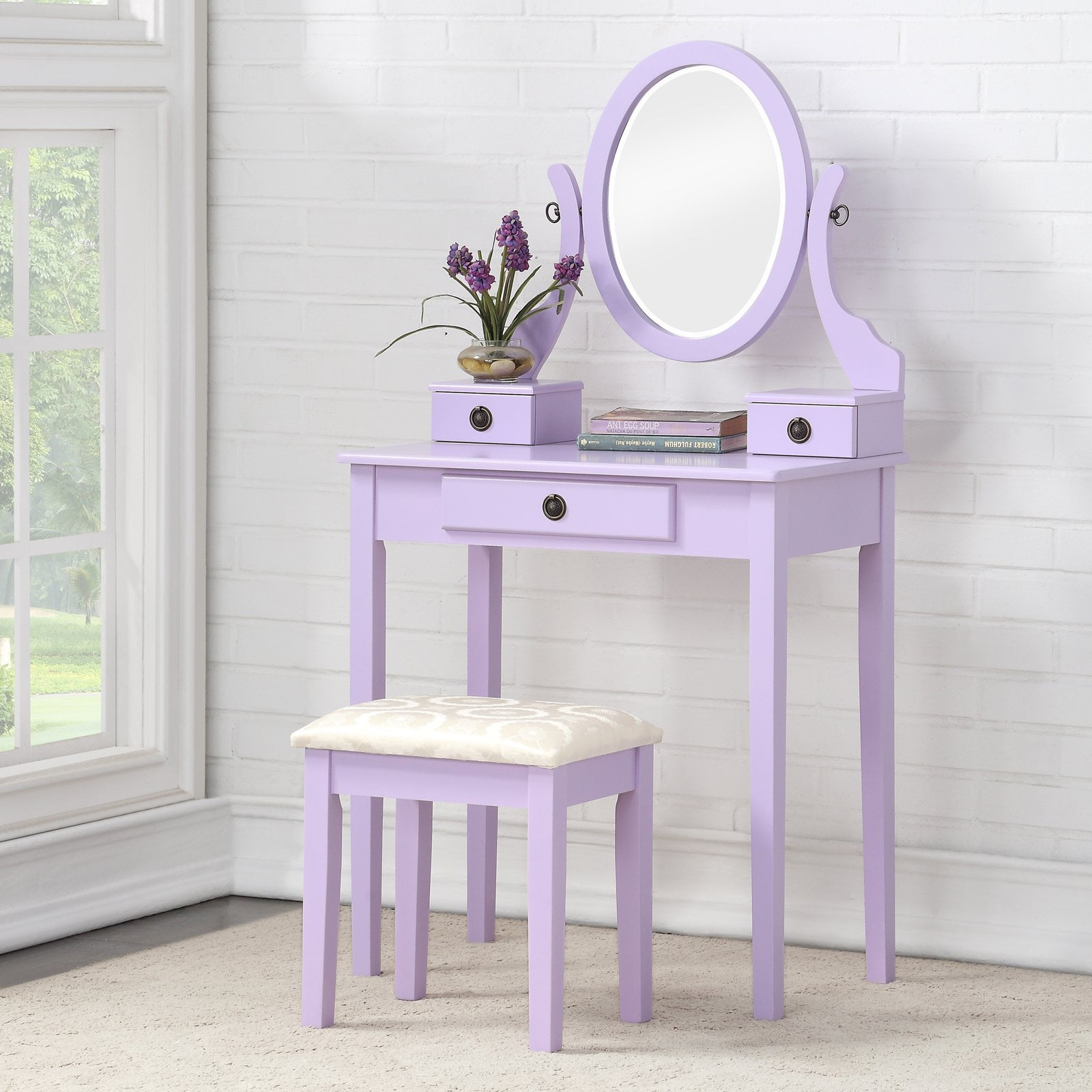 Roundhill Furniture Moniya Wooden Bedroom Vanity and Stool Set