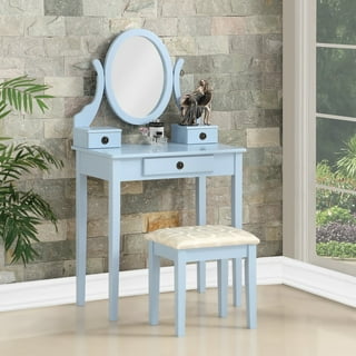 Blue Makeup Vanity Set with Side Cabinet Extendable Dressing Table Mirror &  Chair - Cocochairs