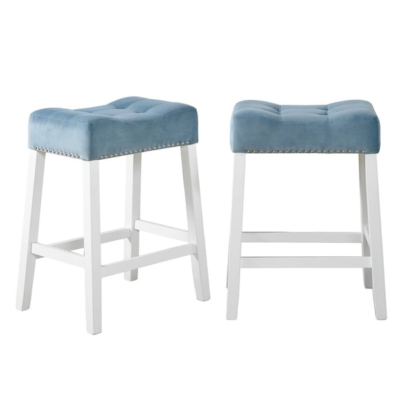 Roundhill Furniture Morovo Velvet Counter Height Stools Saddle Seats, Set of 2, Blue