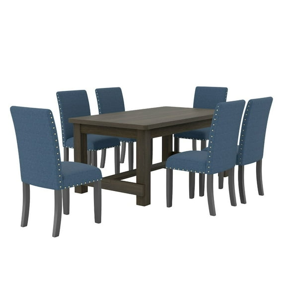 Roundhill Furniture Muzzi Contemporary 7-Piece Dining Set, Dining Table with 6 Stylish Chairs, Blue