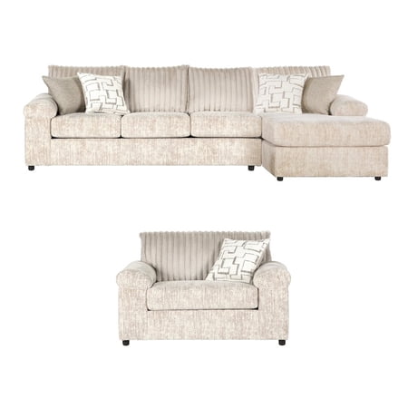 Roundhill Furniture Nason Wide Wale Corduroy Sectional Sofa Chaise with Armchair, Parchment