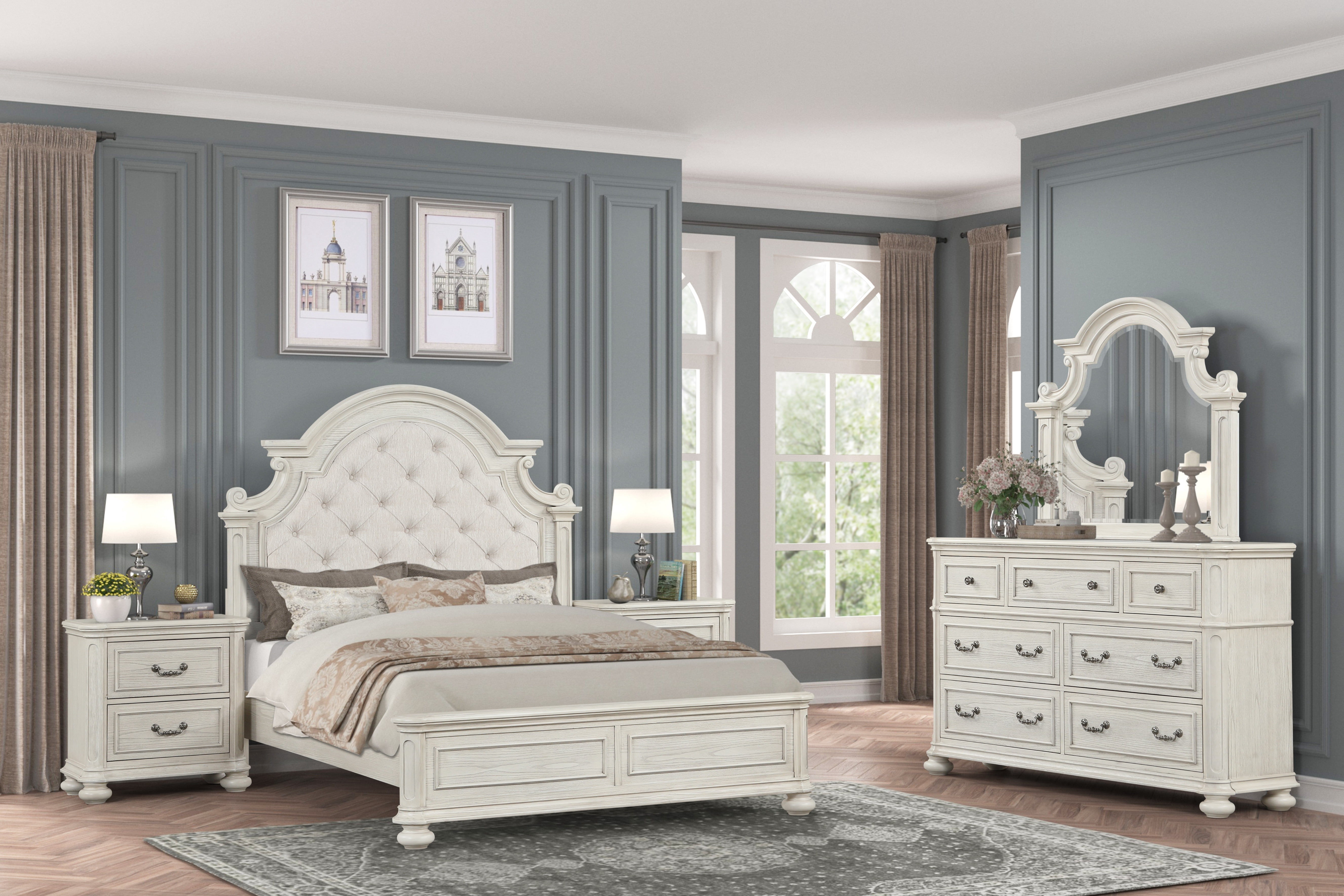 Roundhill Furniture Nelson French Traditional 5-Piece Bedroom Set, Antique White, Queen