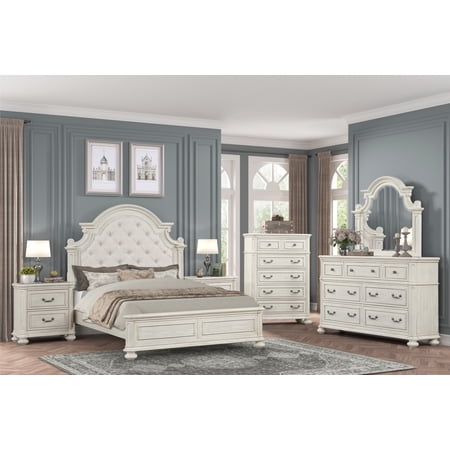Roundhill Furniture Nelson French Traditional 6-Piece Bedroom Set, Antique White, Queen