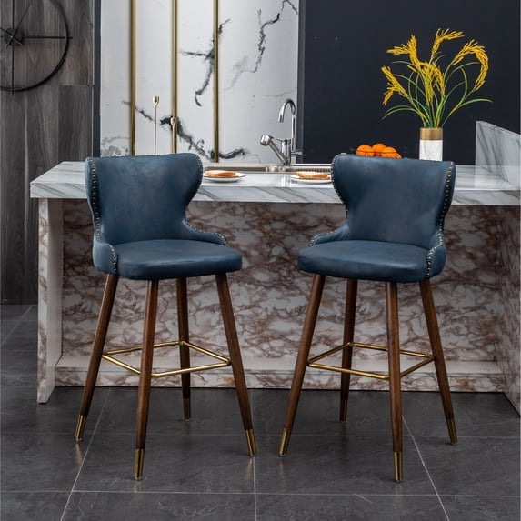 Roundhill Furniture Nevis Mid-Century Modern Faux Leather Tufted 29.5 in. Bar Stool - Set of 2, Blue
