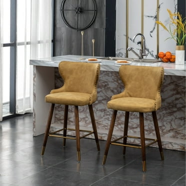 Roundhill Furniture Nevis Mid-century Modern Faux Leather Tufted Nailhead Trim Counter Stool Set of 2, Yellow, 24.5" Seat Height