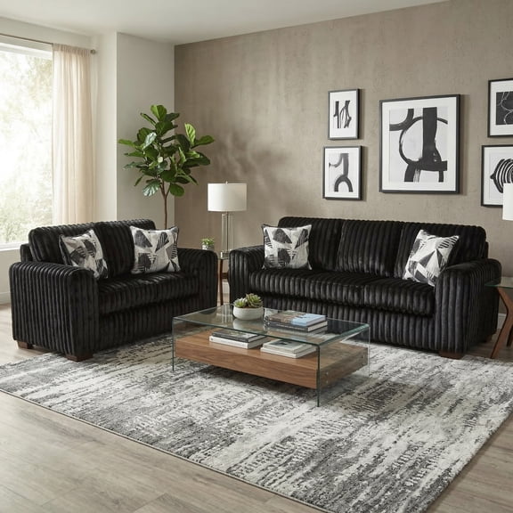 Roundhill Furniture Nolan 2-Piece Living Room Set, Sofa and Loveseat, Lush Black