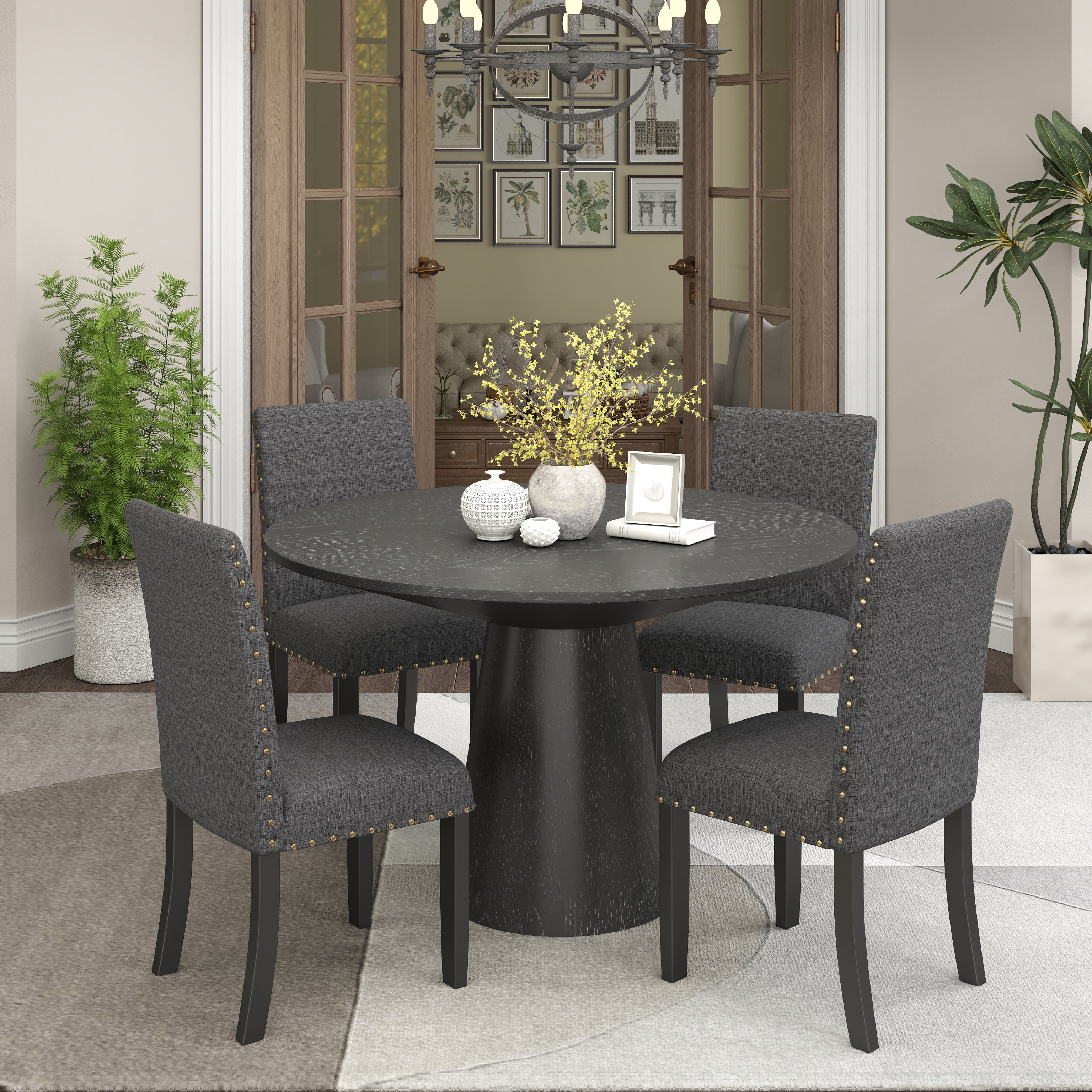 Roundhill Furniture Nuevo 5-Piece Round Dining Set, Pedestal