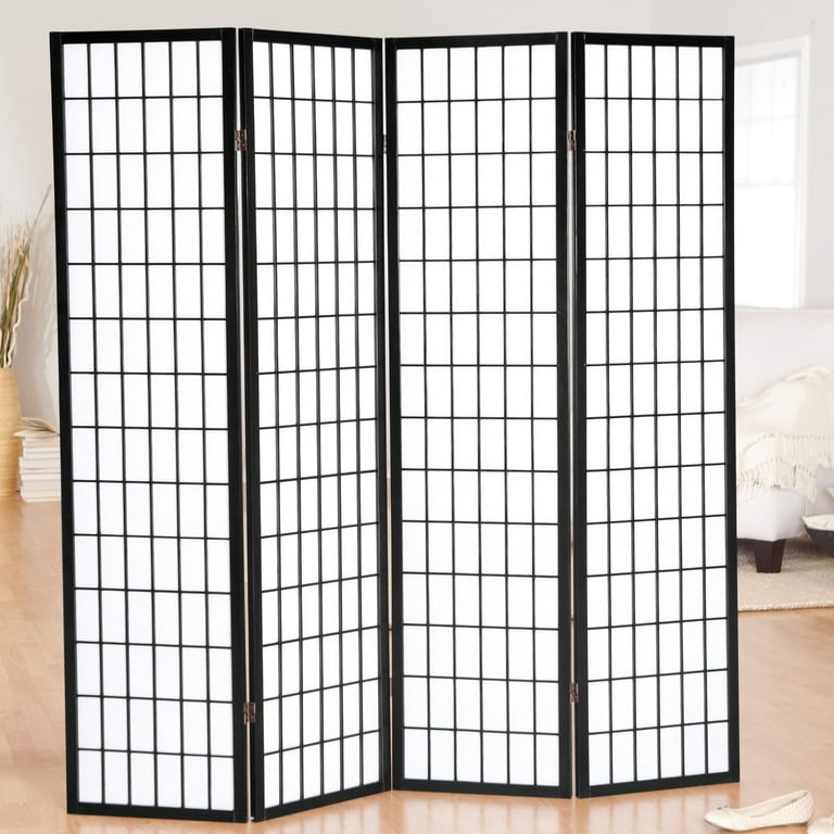 4 Panel Black Floral Accented Screen Room Divider With Wood Frame And Shoji  Paper : Target