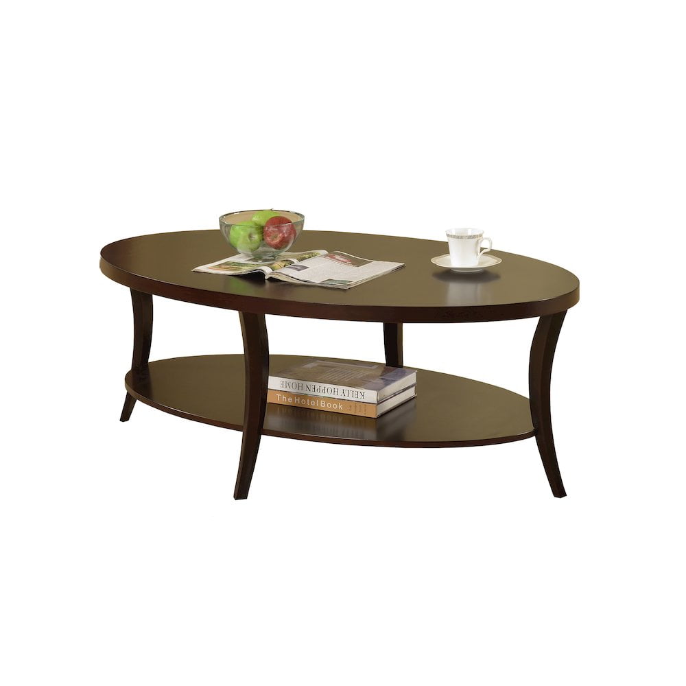 Espresso Oval Wood Coffee Table with Shelf, 48"