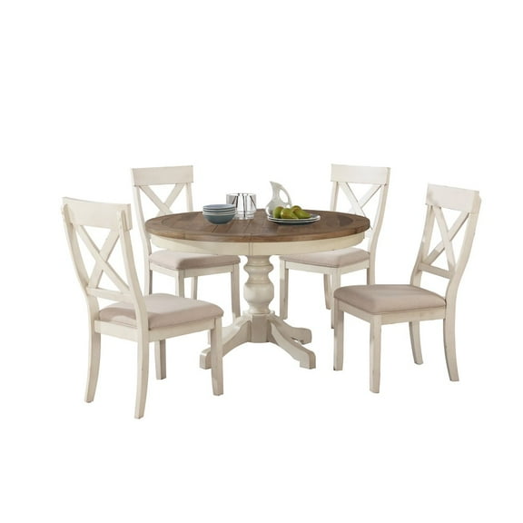 Roundhill Furniture Prato 5-Piece Round Dining Table Set with Cross Back Chairs, Antique White and Distressed Oak