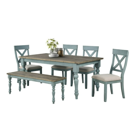Roundhill Furniture Prato 6-Piece Dining Table Set with Cross Back Chairs and Dining Bench