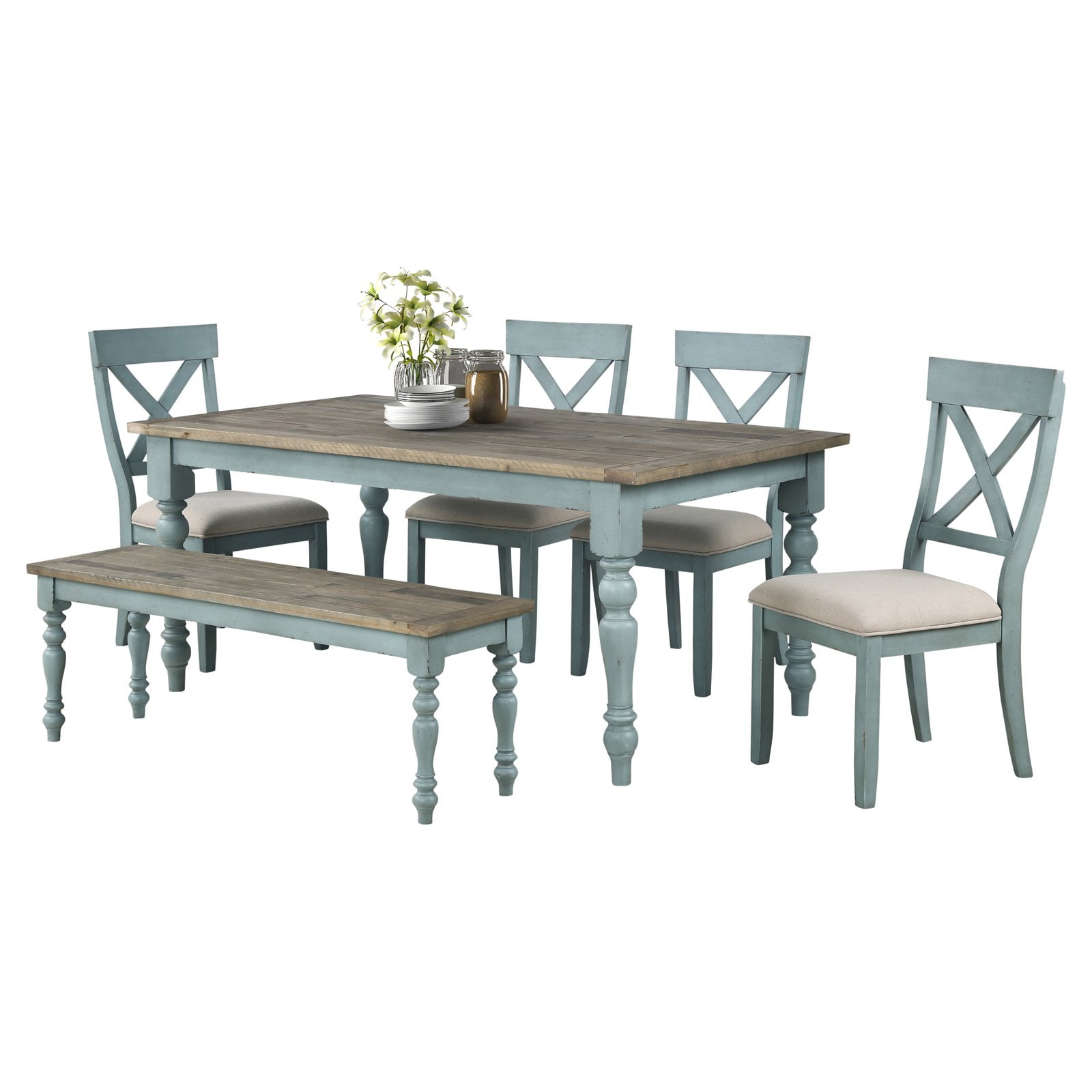 Antique Blue and Distressed Walnut 6-Piece Dining Set with Upholstered Chairs