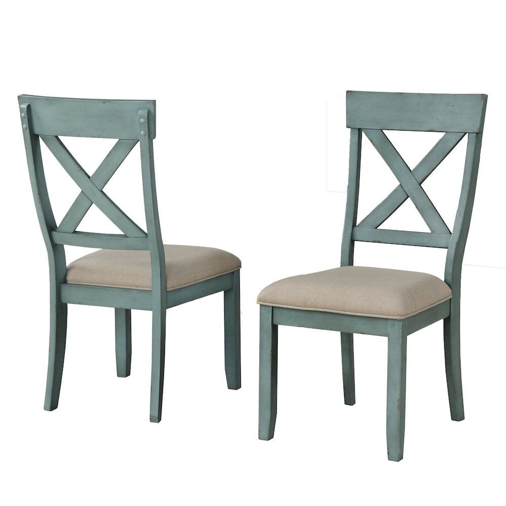 Antique Blue Cross Back Upholstered Wood Side Chair Set