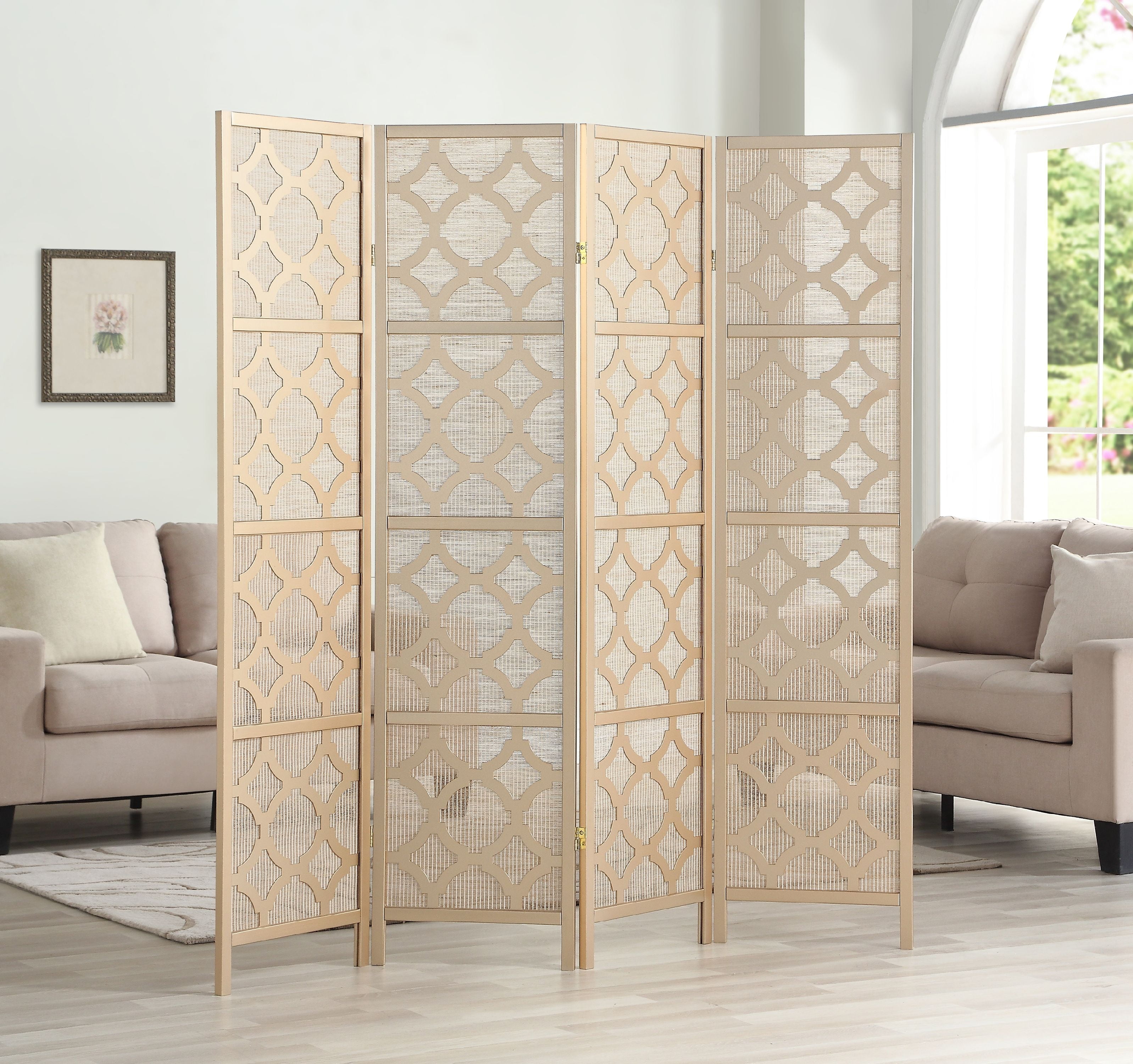 Gold Shoji-Inspired 4-Panel Folding Room Divider with Rice Paper Inlay