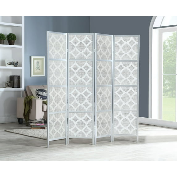 Roundhill Furniture Quarterfoil infused Diamond 4-Panel Room Divider in Silver