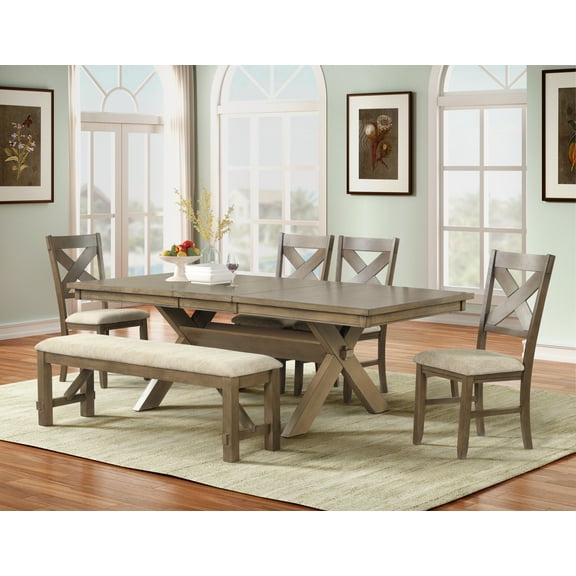 Roundhill Furniture Raven Wood 6-Piece Dining Set, Extendable Trestle Dining Table with 4 Chairs and Bench, Glazed Pine Brown