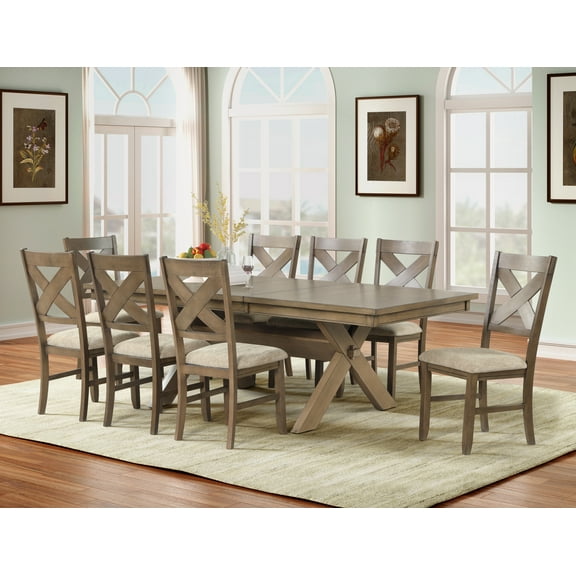 Roundhill Furniture Raven Wood 9-Piece Dining Set, Extendable Trestle Dining Table with 8 Chairs, Glazed Pine Brown