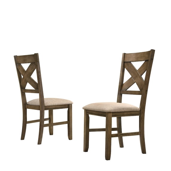 Roundhill Furniture Raven Cross Back Upholstered Dining Chairs in Glazed Pine Brown Finish, Set of 2