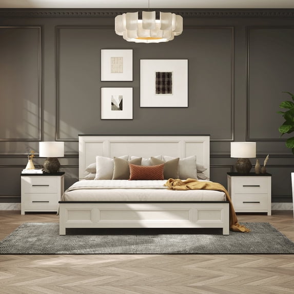 Roundhill Furniture Realynn 3-Piece Wood Bedroom Set, King Size Panel Bed with 2 Nightstands, Off-White Finish