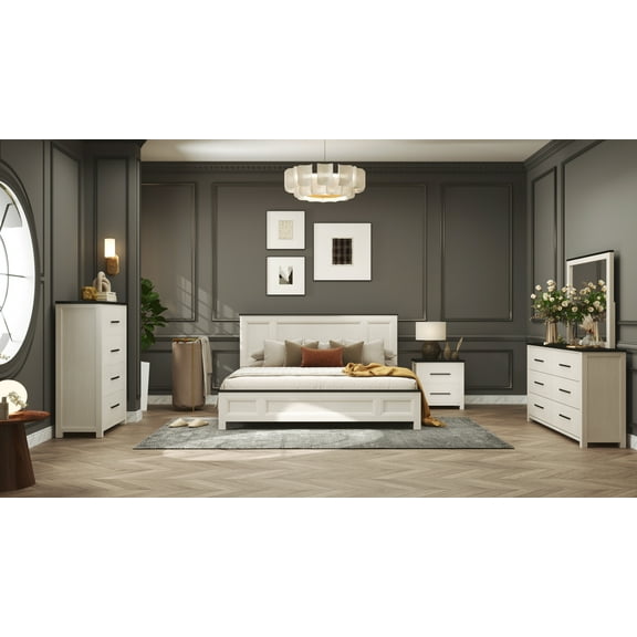 Roundhill Furniture Realynn 5-Pc Bedroom Set, King Panel Bed, Dresser, Mirror, Chest, Nightstand