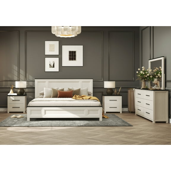 Roundhill Furniture Realynn 5-Pc Bedroom Set, King Panel Bed, Dresser, Mirror, 2 Nightstands