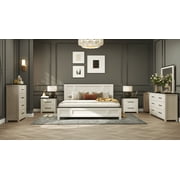 Roundhill Furniture Realynn 6-Piece Wood Bedroom Set, King Size Panel Bed with Dresser, Mirror, Chest, and 2 Nightstands, Off-White Finish