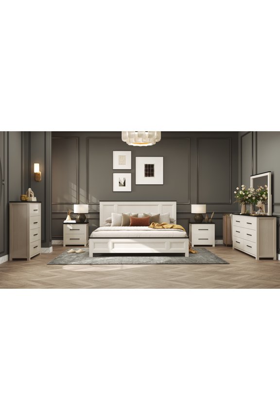 Realynn 6-Piece Wood Bedroom Set, King Size Panel Bed with Dresser, Mirror, Chest, and 2 Nightstands, Off-White Finish