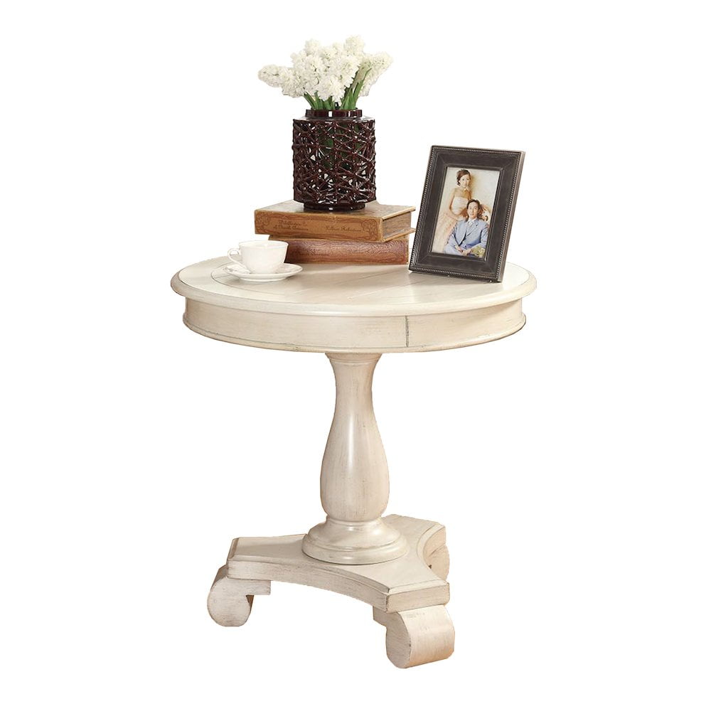 Rene White Round Wood Pedestal End Table
