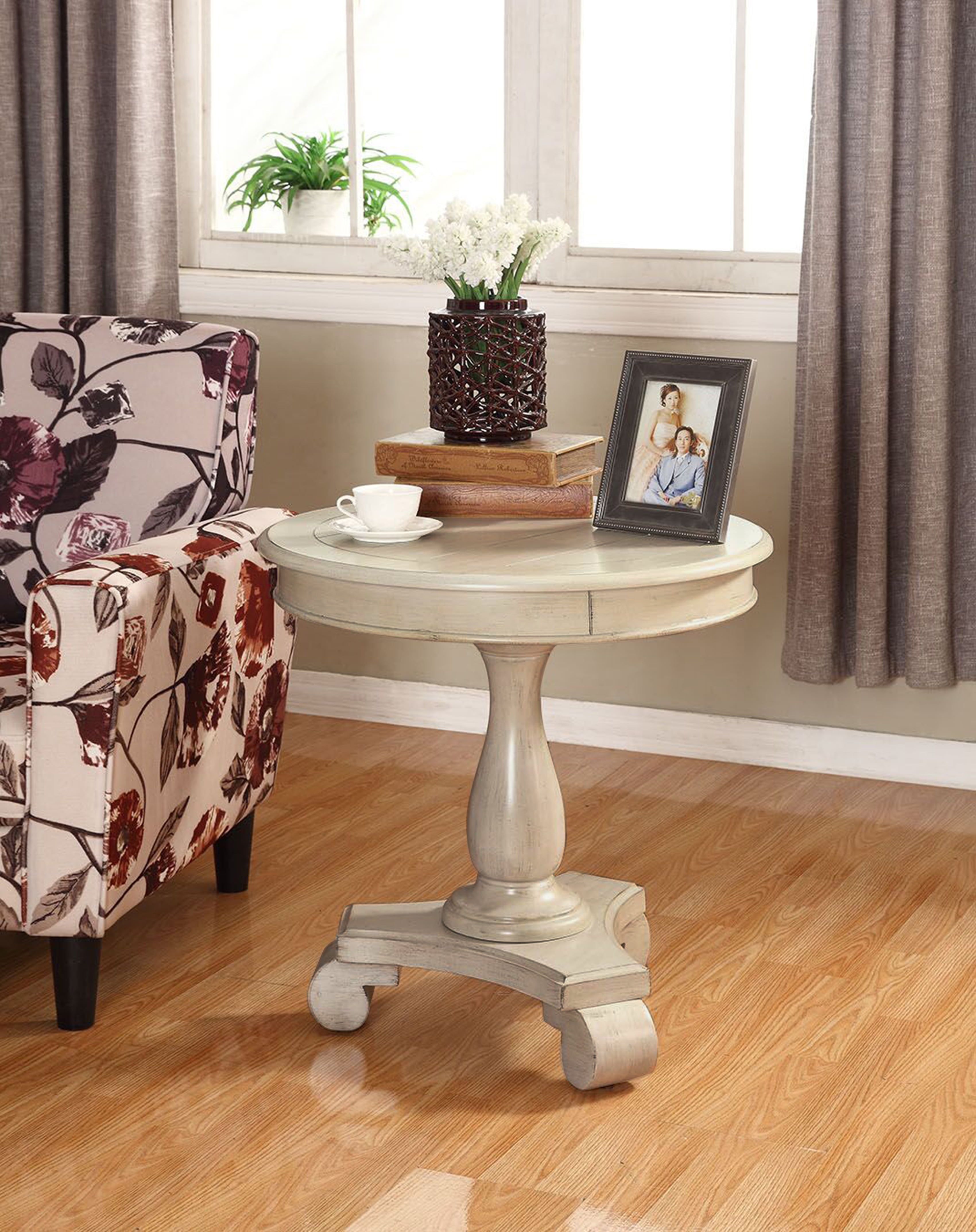 Rene White Round Wood Pedestal End Table