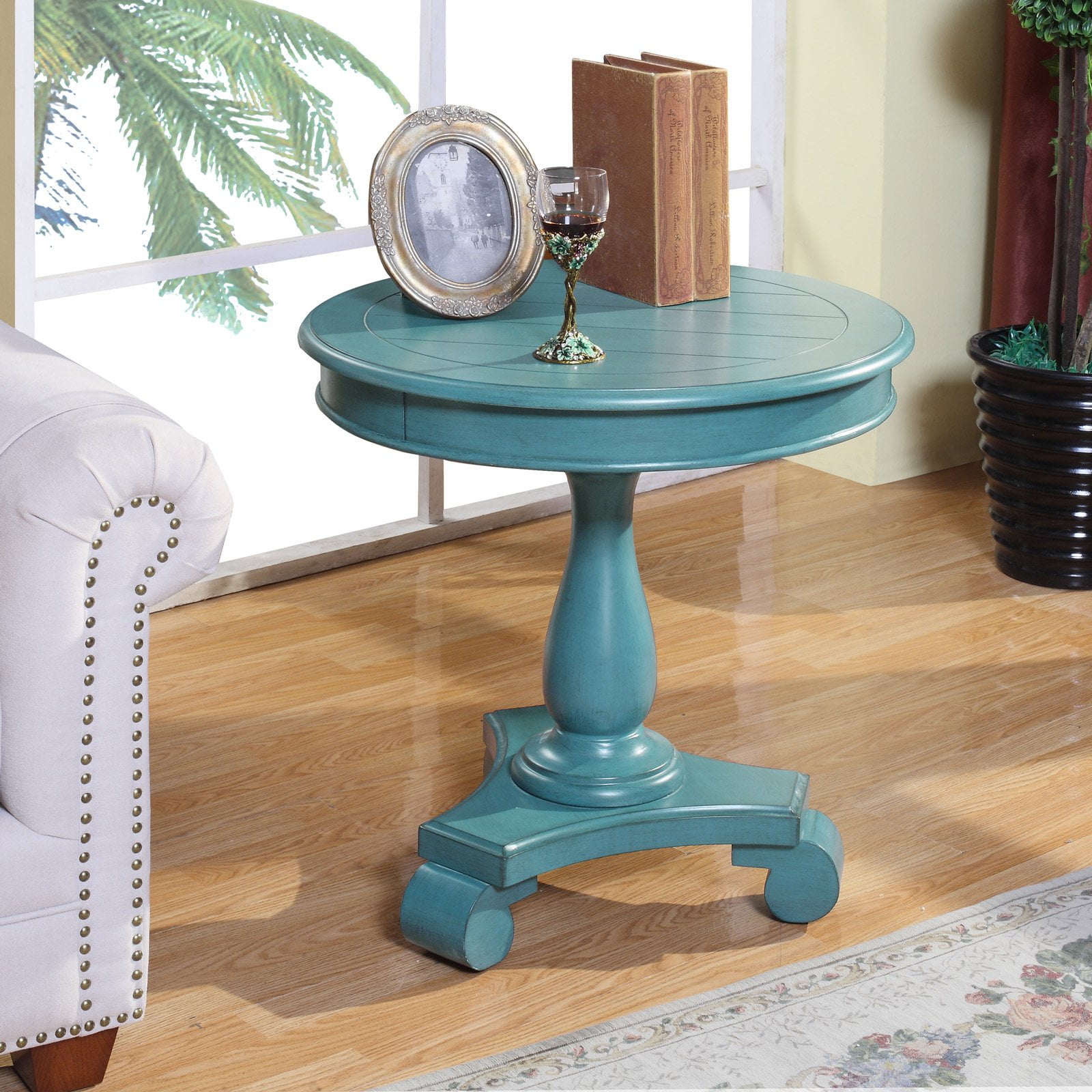 Teal Blue Round Wood Pedestal Side Table
