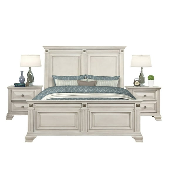 Roundhill Furniture Renova 3-Piece Distressed Parchment Bedroom Set, Queen Bed with 2 Nightstands