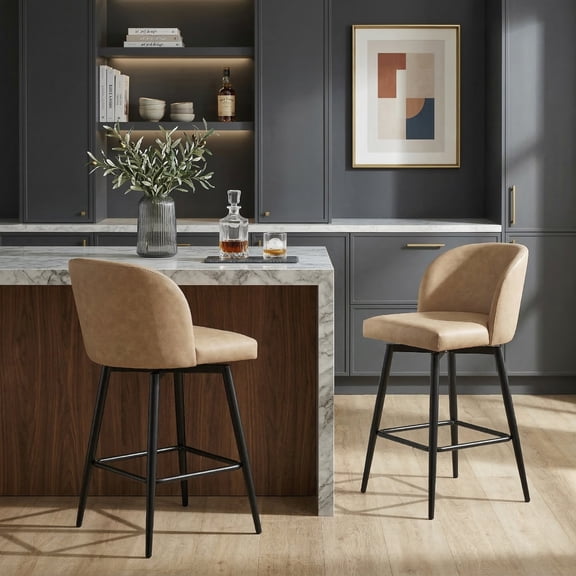 Roundhill Furniture Rhythm Modern Upholstered Counter Height Stool, 360° Swivel, Set of 2, Camel