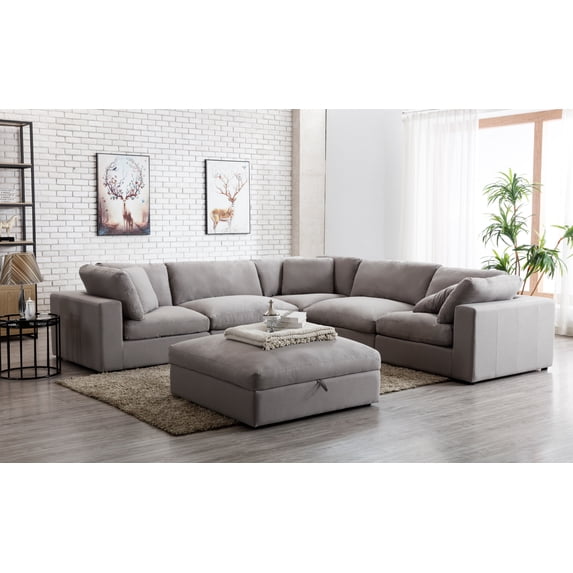 Roundhill Furniture Rivas Contemporary 6-Piece L-Sectional Sofa with Ottoman - Graphite