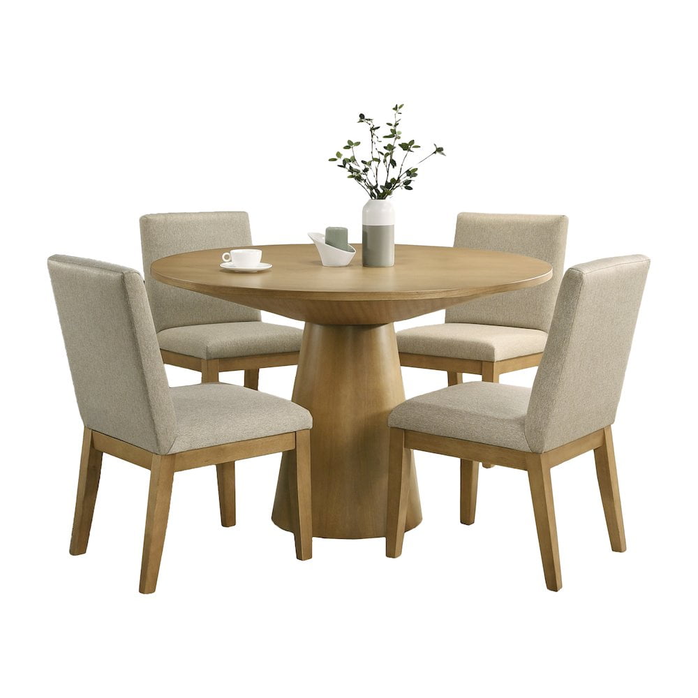 Driftwood Oak Veneer Round Pedestal Dining Table with 4 Beige Upholstered Chairs