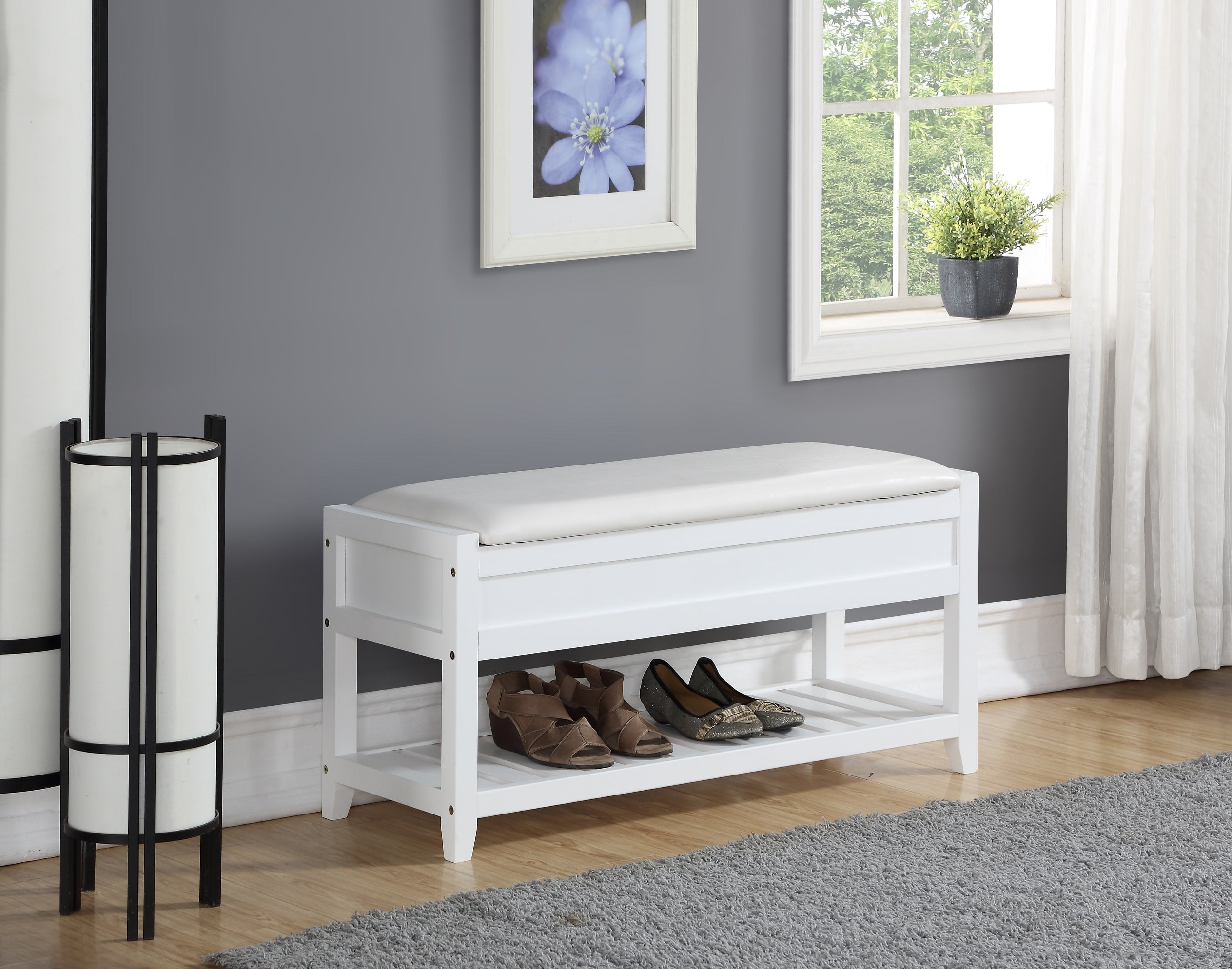 White Upholstered Storage Bench with Shoe Shelf