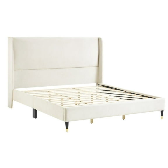 Roundhill Furniture Rozitta Upholstered Wingback Platform Bed, Beige Velvet, King