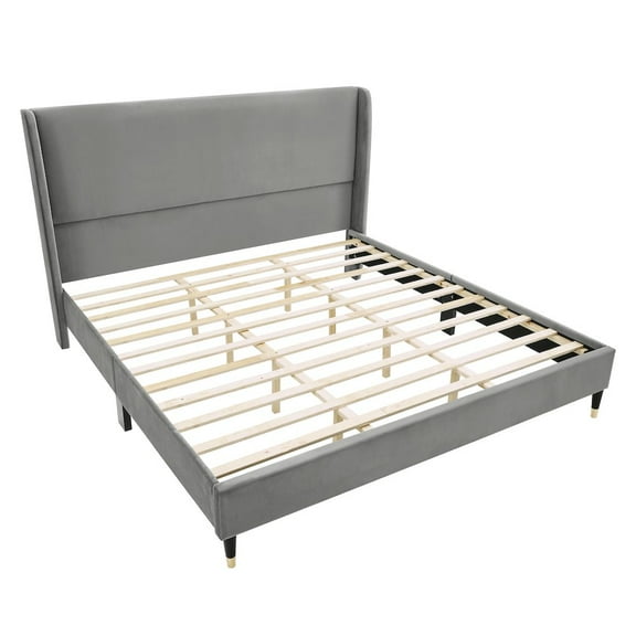 Roundhill Furniture Rozitta Upholstered Wingback Platform Bed, Gray Velvet, King