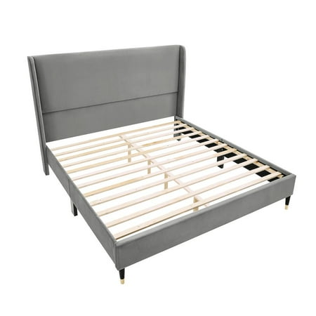 Roundhill Furniture Rozitta Upholstered Wingback Platform Bed, Gray Velvet, Queen